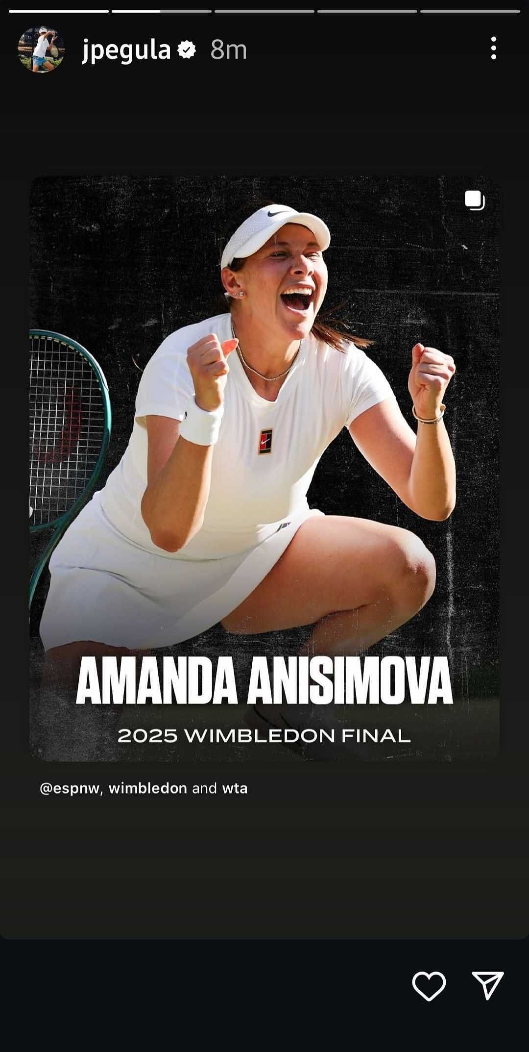 Pegula's Instagram Story supporting Anisimova's win (Source: Instagram/jpegula)